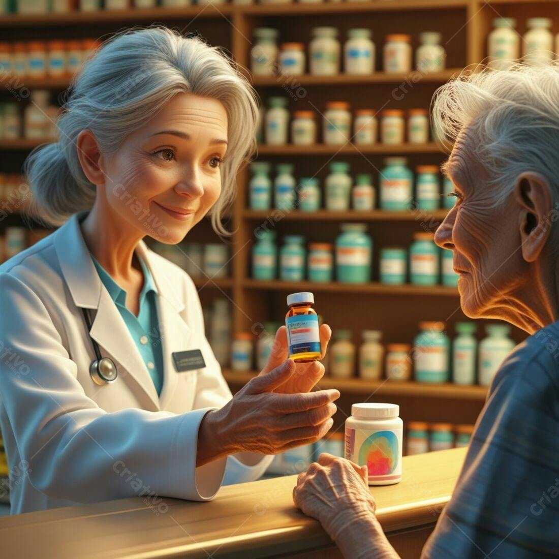 Farmacêutica mostrando remédio a paciente idosa