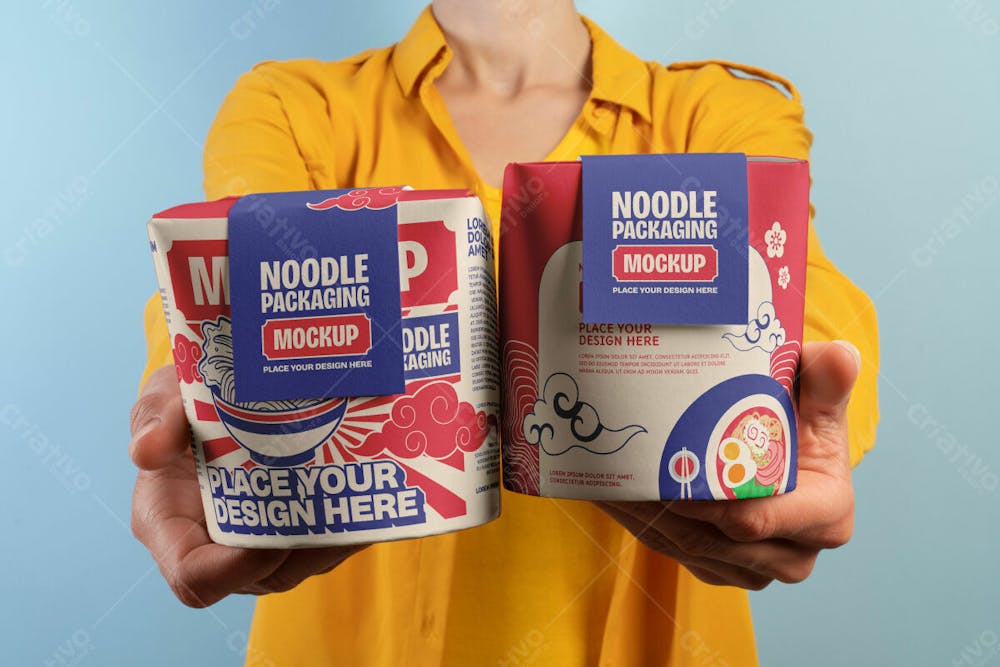 Front View Woman Holding Noodle Packaging