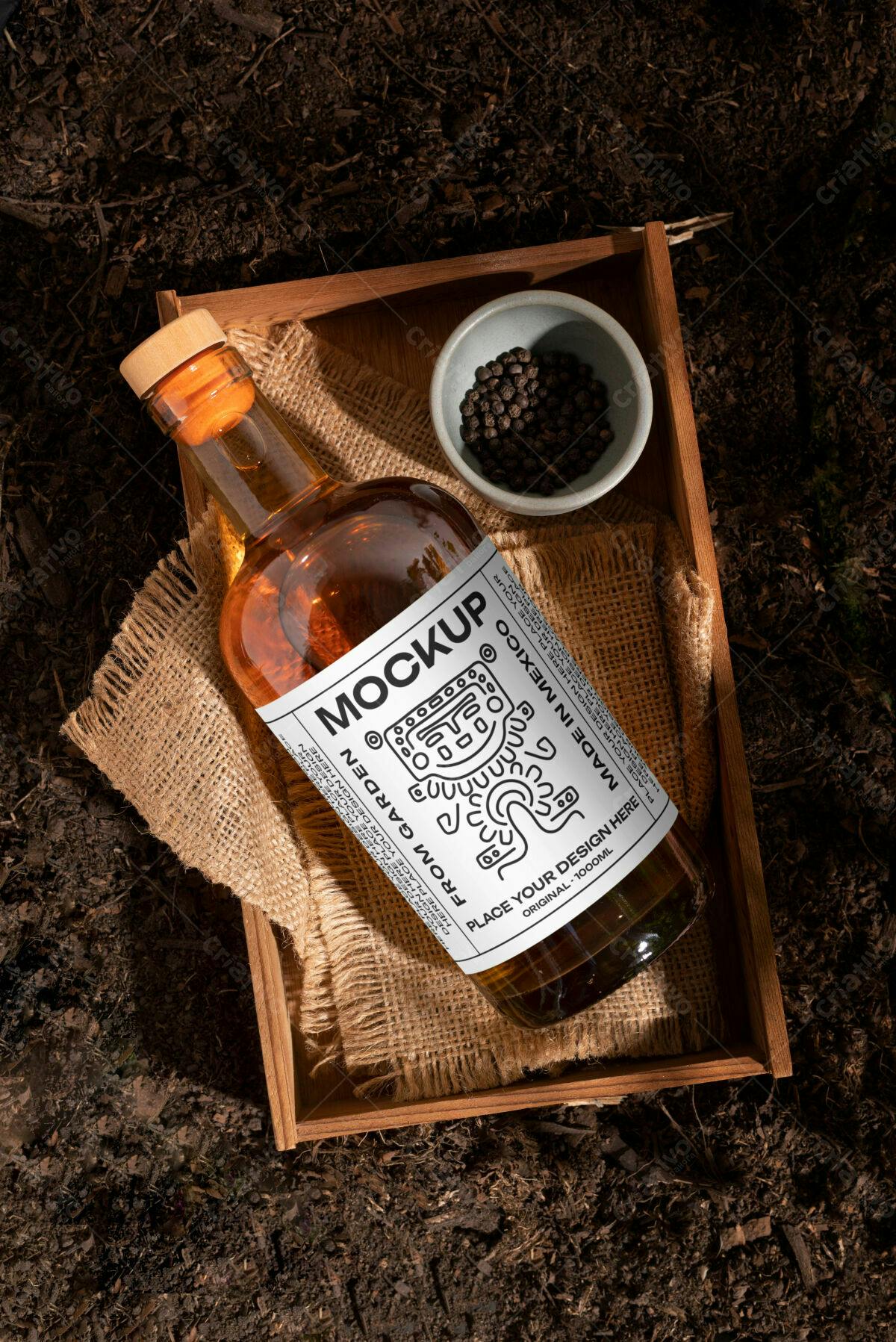 Mockup Garrafa de Vidro para Bebidas Artesanais PSD Editável