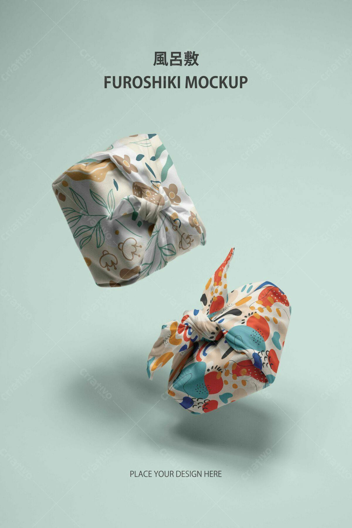 Mockup Embalagem Furoshiki com Padronagens Florais e Abstertas PSD Editável