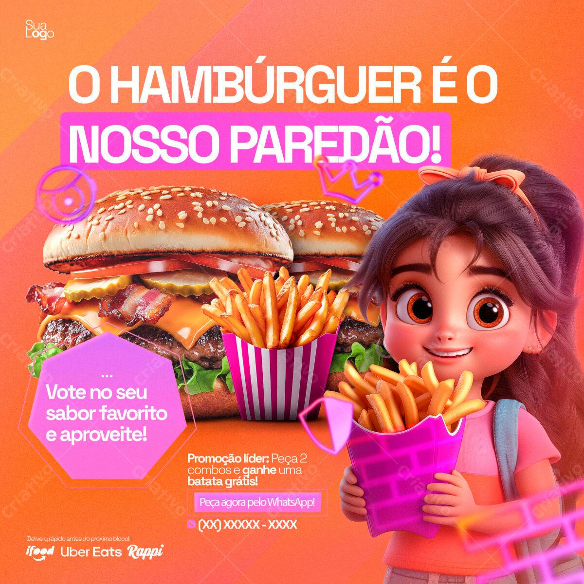 Flyer de Hambúrguer com Menina 3D PSD Editável