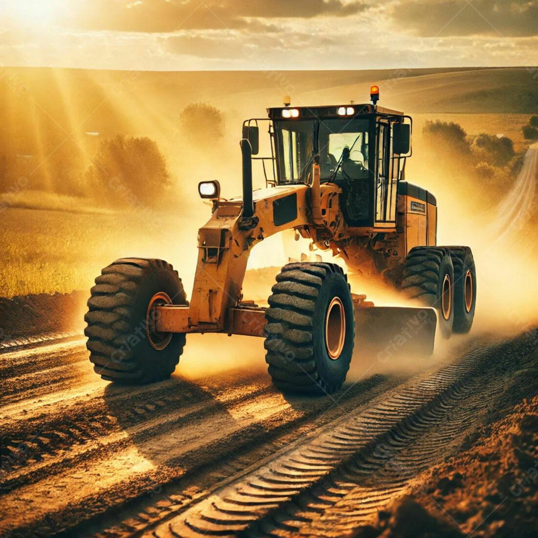 Motoniveladora amarela em construção ao entardecer