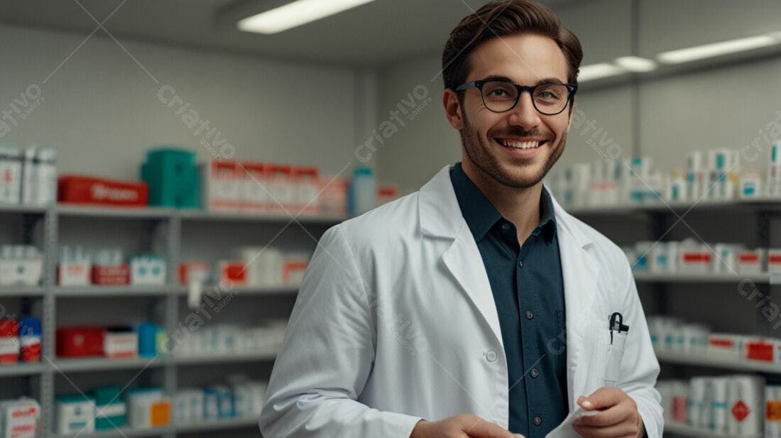 Farmacêutico sorridente em farmácia moderna