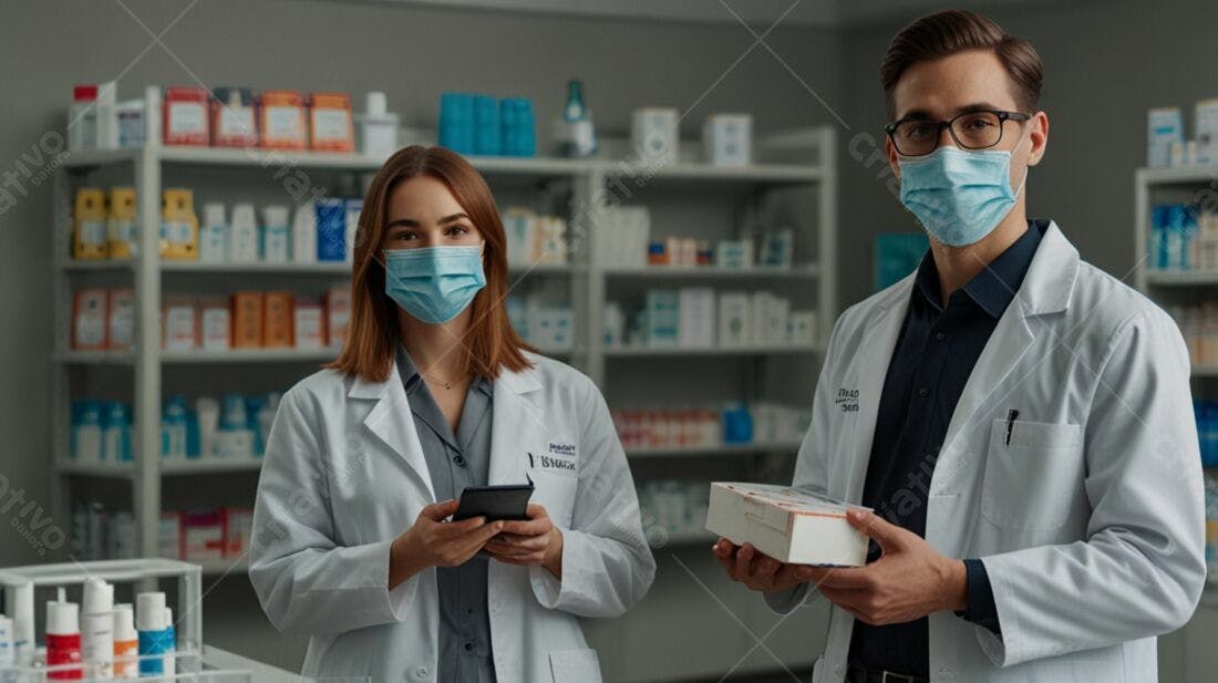 Farmacêuticos em farmácia moderna usando máscaras