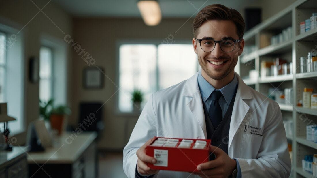 Farmacêutico sorridente segurando caixa de remédios
