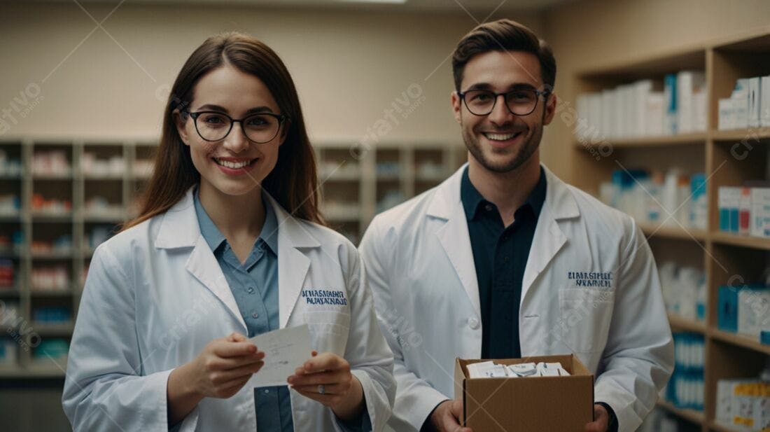 Farmacêuticos sorrindo em farmácia