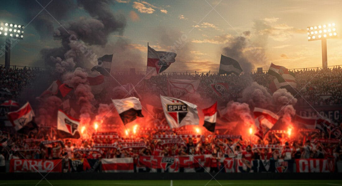 Torcida em estádio com fogos de artifício