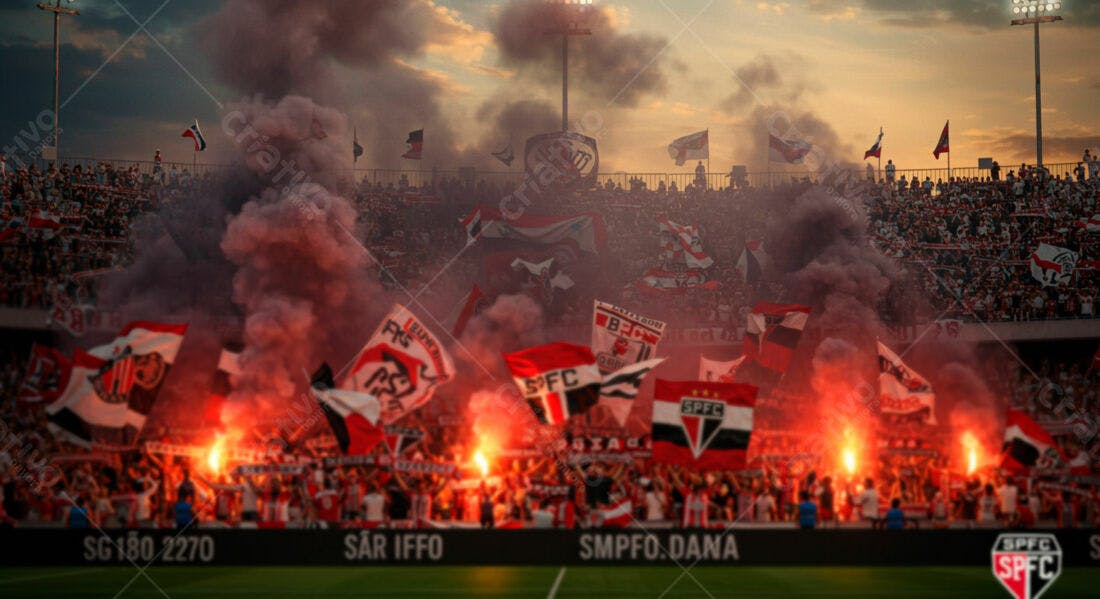 Torcida de futebol em estádio com fogos