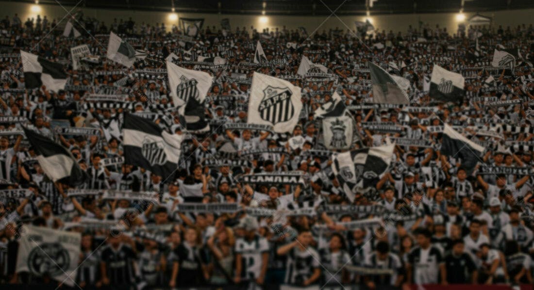 Torcida em estádio com bandeiras preto e branco