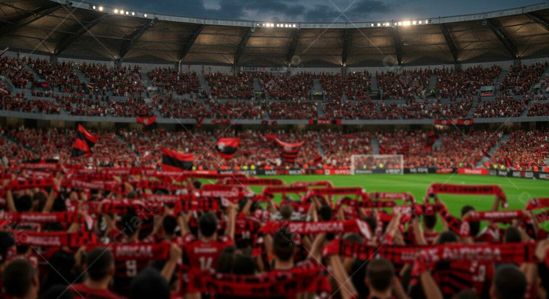 Torcida em estádio de futebol noturno