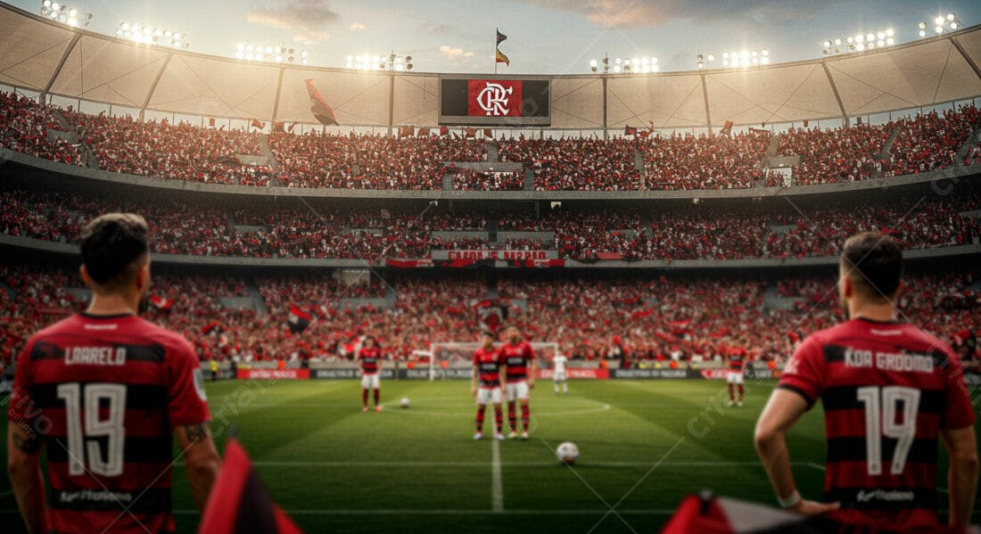 Jogadores de futebol em estádio lotado