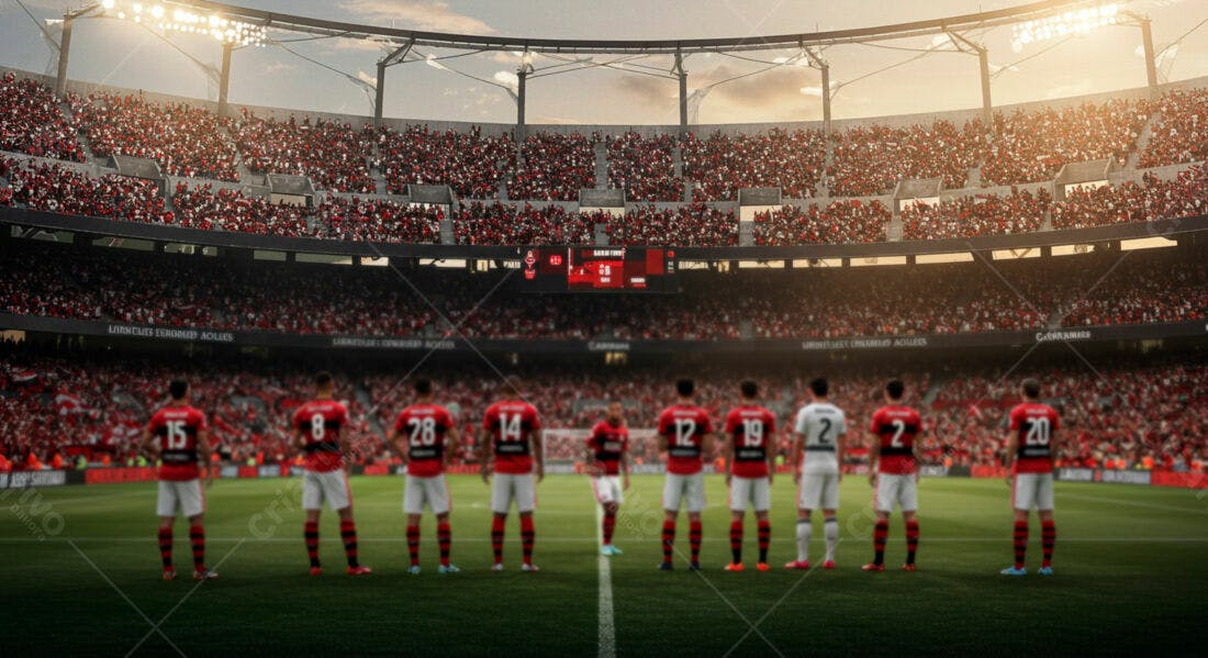Time de futebol em campo lotado