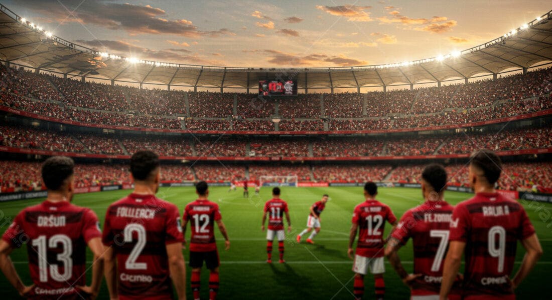 Jogadores de futebol em estádio lotado ao pôr do sol