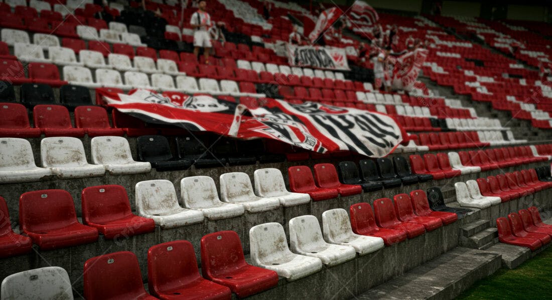 Bandeira em arquibancada de estádio suja