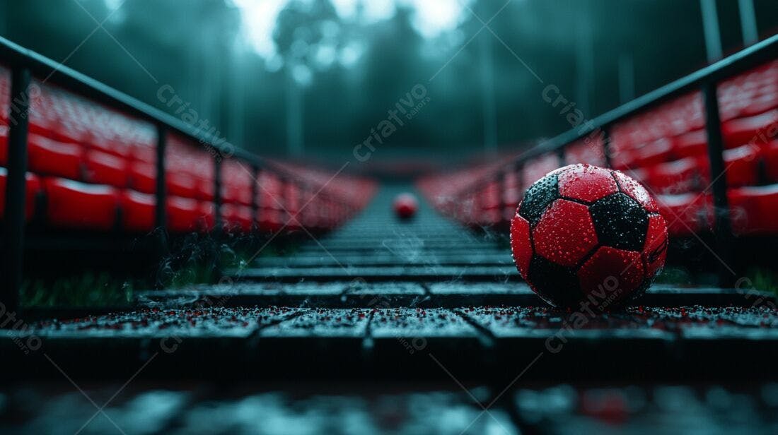 Bola de futebol molhada em arquibancada vazia