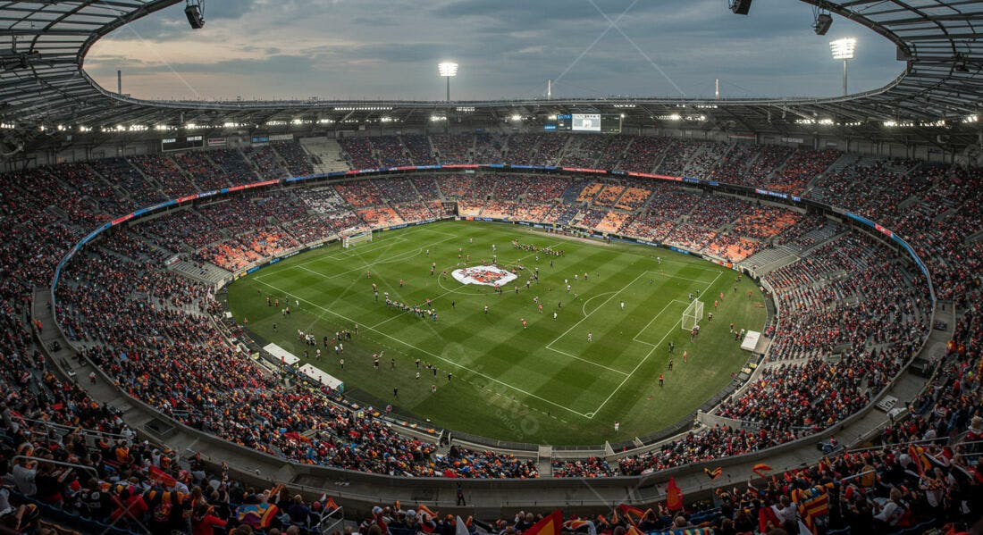 Estádio lotado em jogo de futebol noturno
