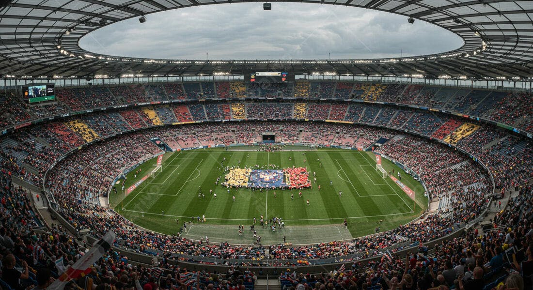 Público formando bandeira em estádio de futebol