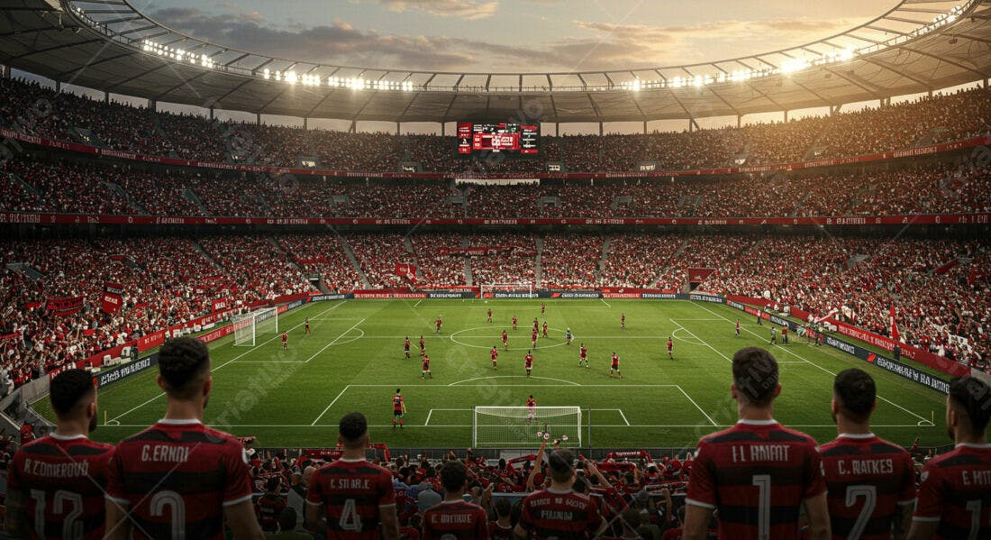 Estádio de futebol lotado ao entardecer
