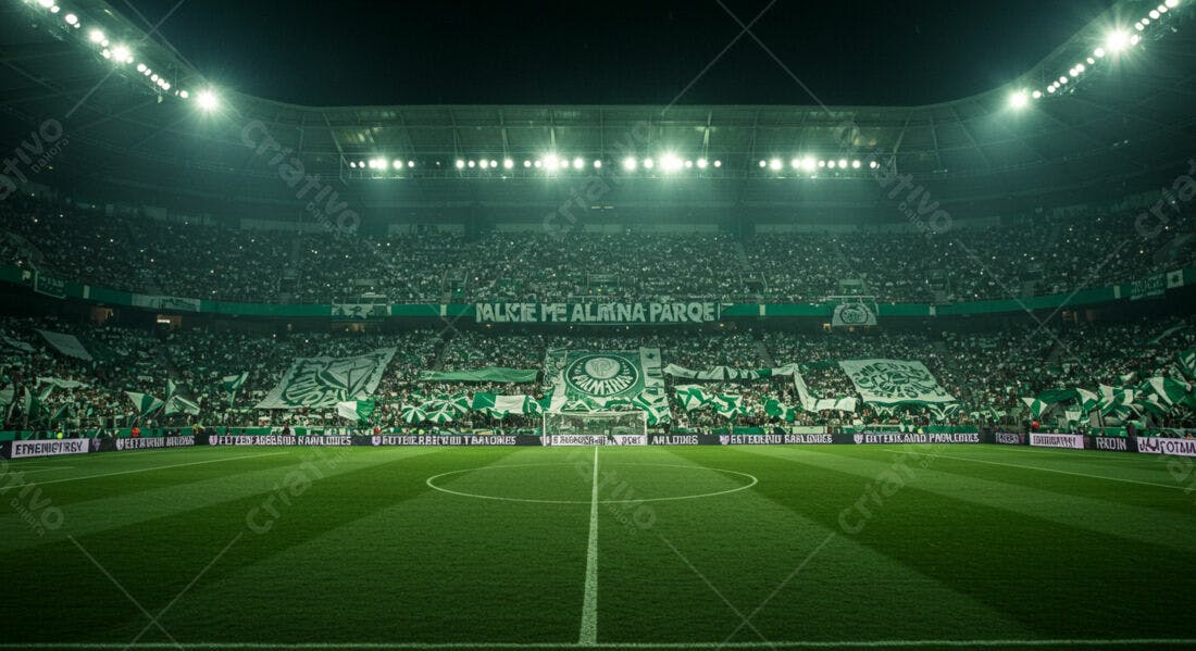Estádio lotado com torcida verde e branca