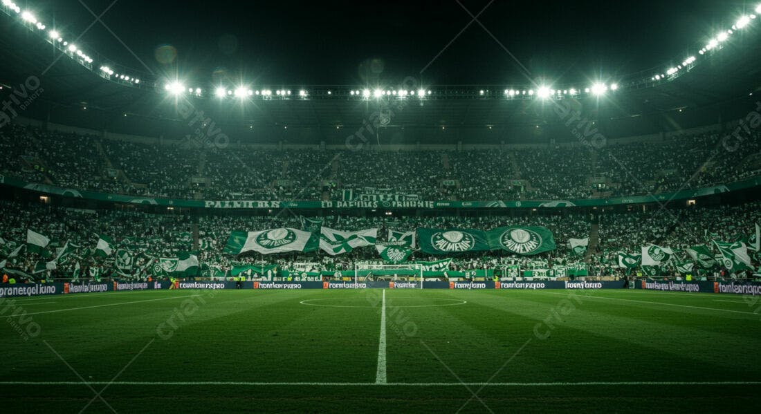 Estádio lotado com torcedores fanáticos em jogo noturno