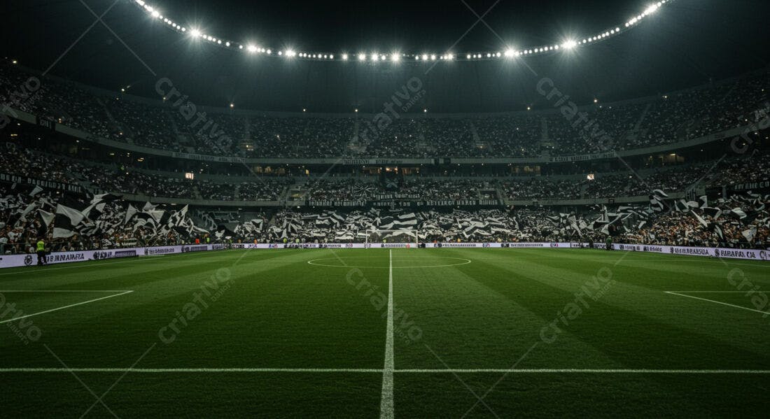 Estádio lotado com torcedores em jogo noturno