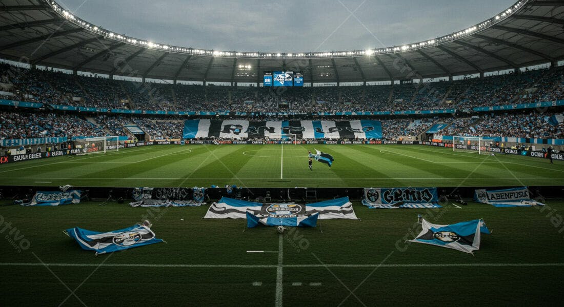 Estádio lotado com torcedores em jogo de futebol