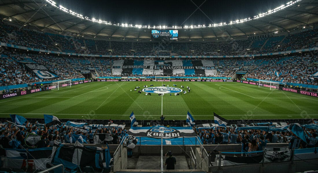 Estádio lotado com torcedores em jogo noturno