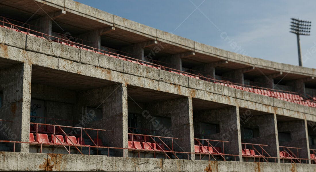 Estádio abandonado com assentos vermelhos