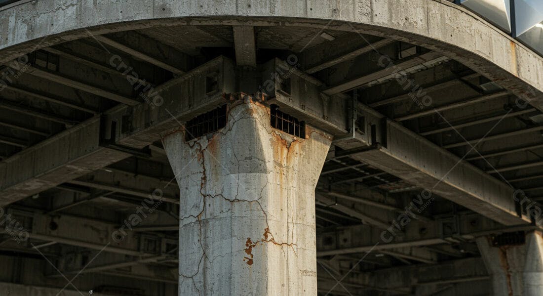 Coluna de concreto rachada sob ponte