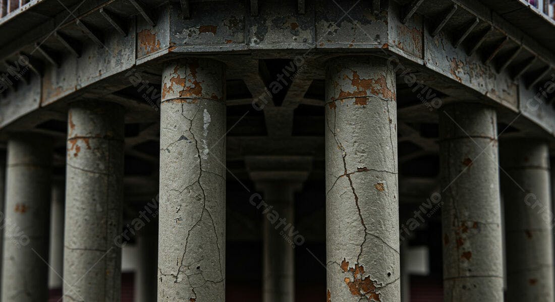 Colunas antigas de concreto rachadas e descascadas