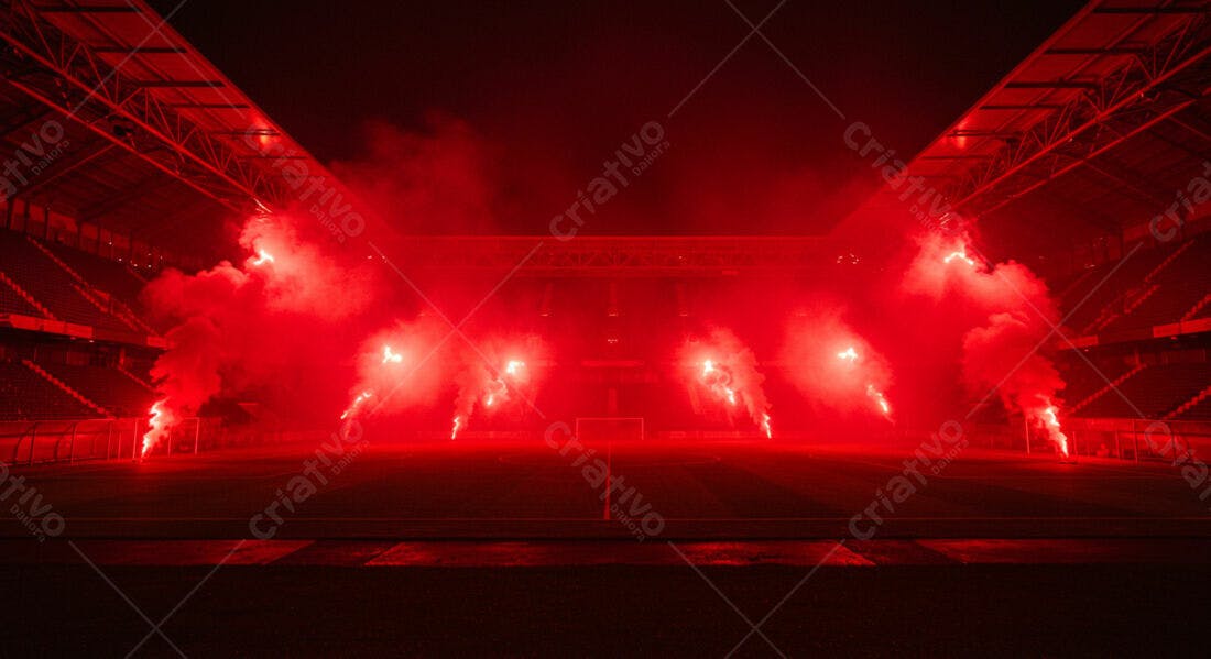 Estádio noturno com fogos vermelhos