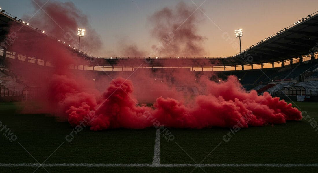 Fumaça vermelha em estádio ao entardecer