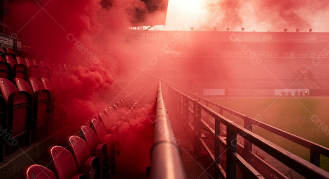 Estádio em clima de jogo com fumaça vermelha