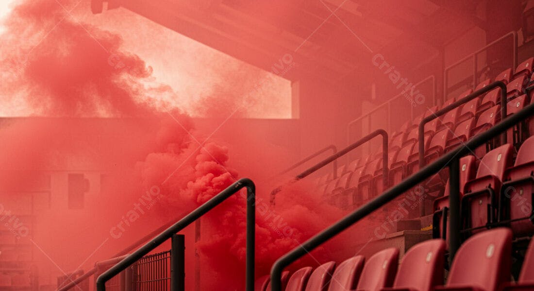 Fumaça vermelha em estádio vazio