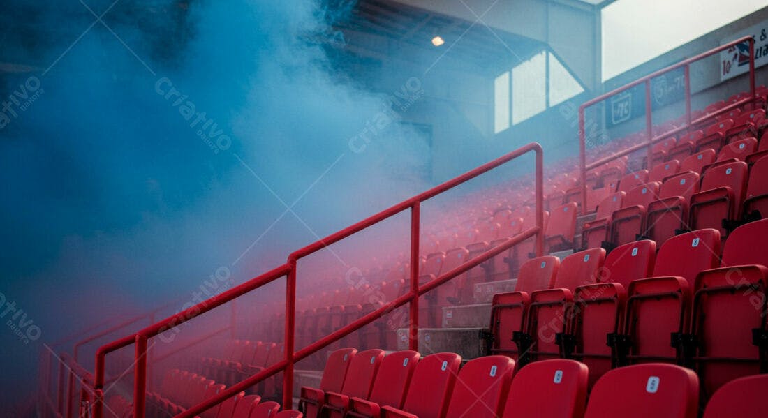 Assentos vermelhos em estádio com fumaça azul
