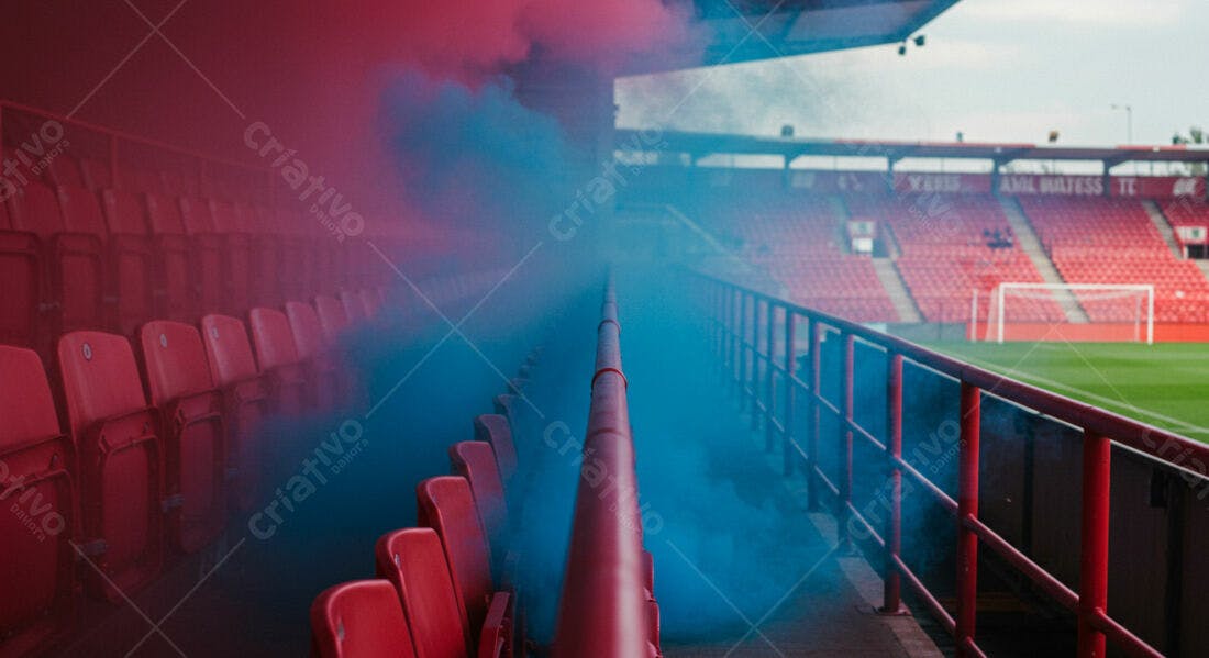 Estádio vazio com fumaça azul e vermelha