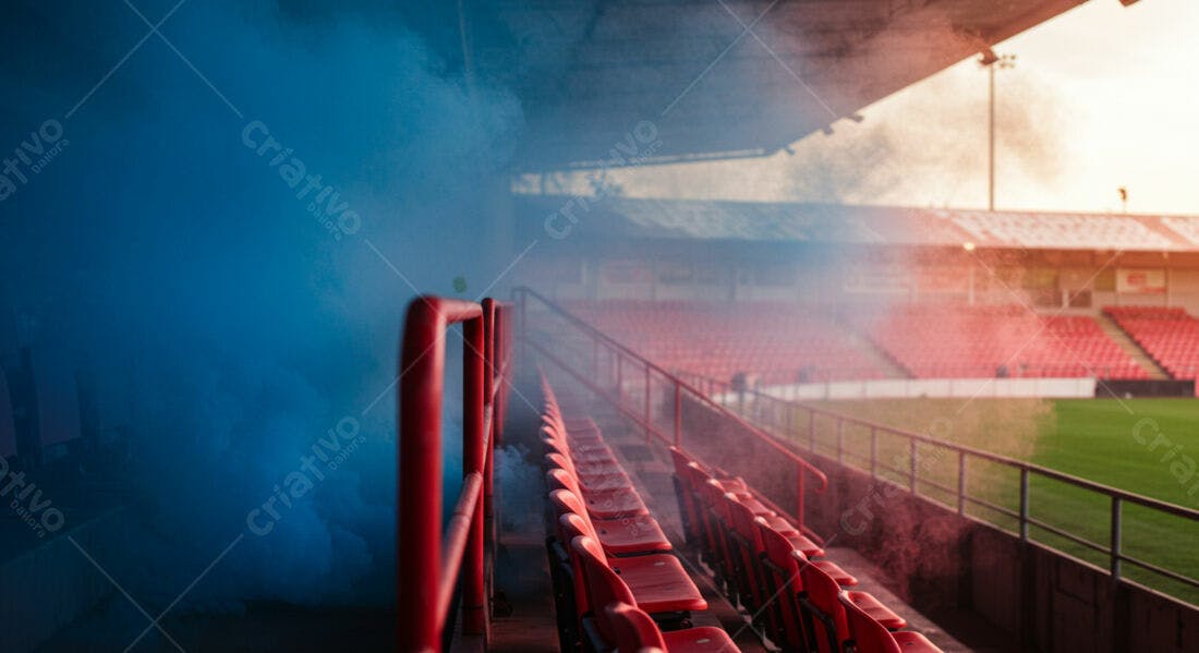 Estádio vazio com fumaça azul e vermelha