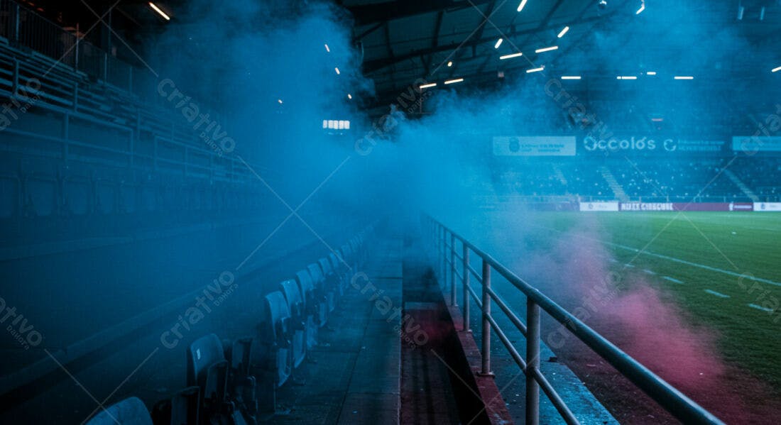 Estádio com fumaça azul e rosa