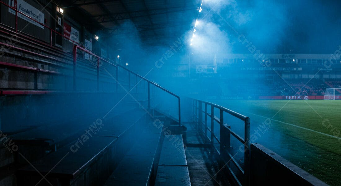 Estádio de futebol noturno com fumaça azul