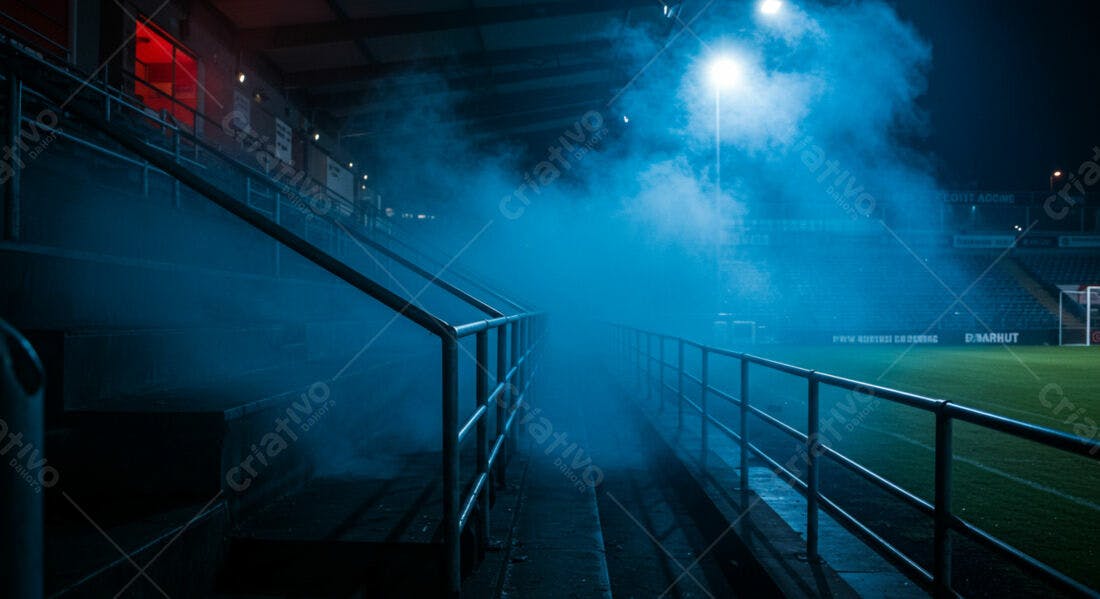 Estádio de futebol noturno com neblina azul