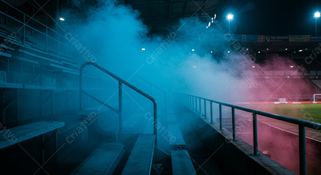 Estádio noturno com fumaça azul e rosa