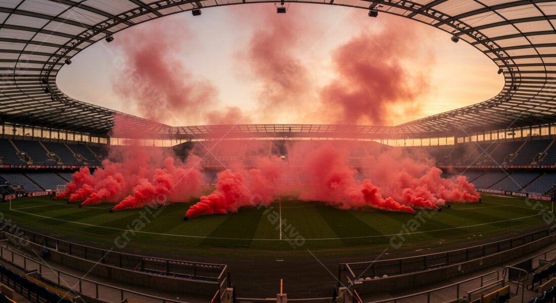 Estádio com fumaça vermelha ao entardecer