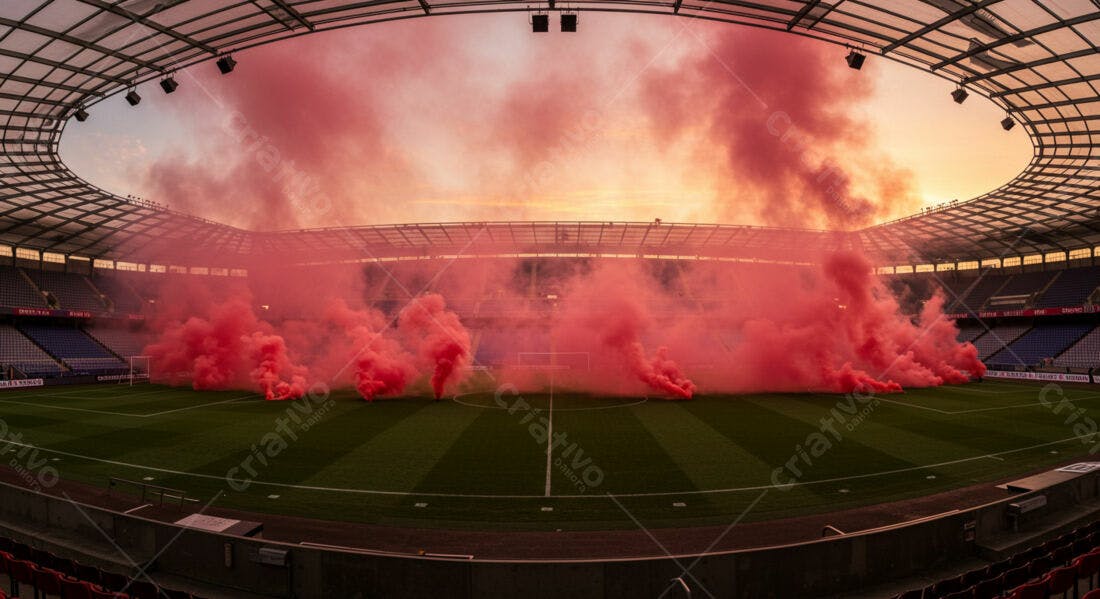 Estádio com fumaça vermelha ao entardecer