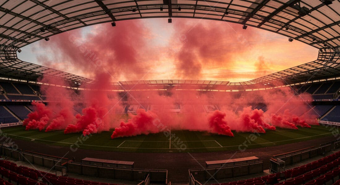 Estádio com fumaça vermelha ao entardecer