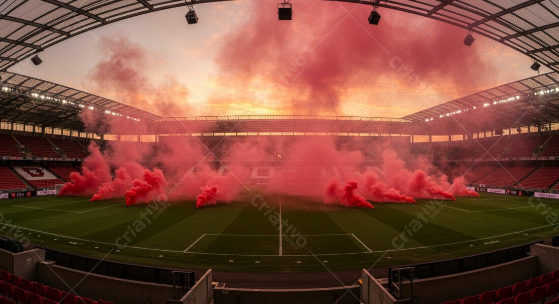 Estádio com fumaça vermelha ao entardecer