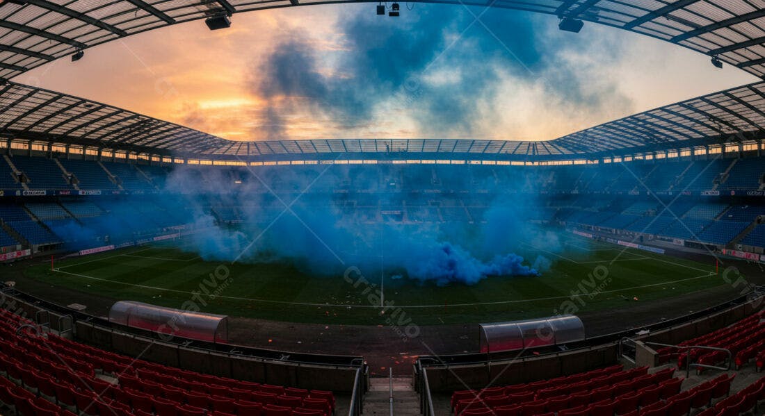 Estádio de futebol com fumaça azul ao entardecer