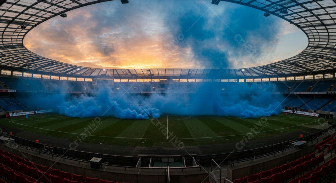Estádio com fumaça azul ao entardecer