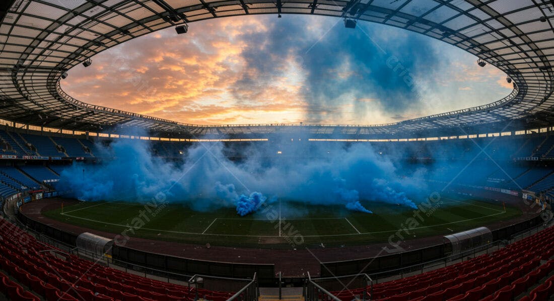 Estádio com fumaça azul ao entardecer