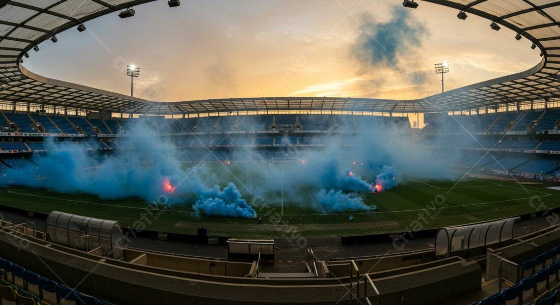Estádio com fumaça azul ao entardecer