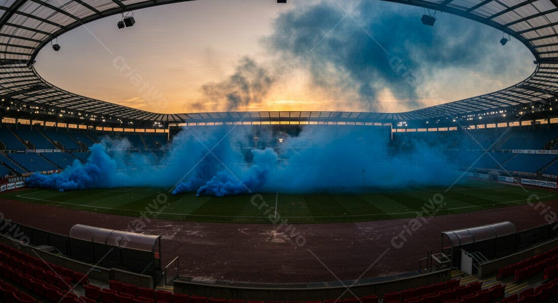 Estádio com fumaça azul ao entardecer